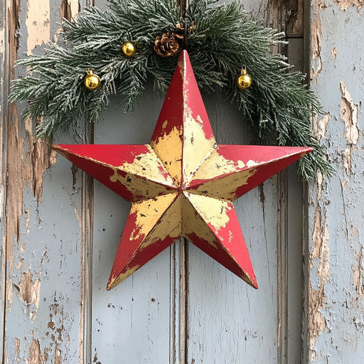 Vintage red and gold metal Christmas star hanging on a door with a wreath of evergreen branches.