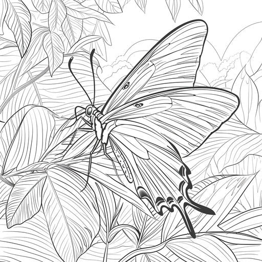 Butterfly on a leaf in the jungle. Coloring book page