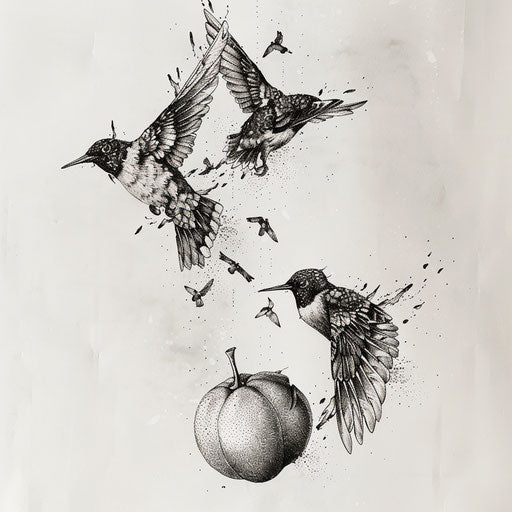 Sketch of jagua fruits transforming into birds mid-flight