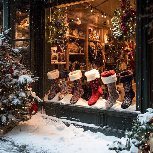 Luxurious Christmas window display in snowy boutique