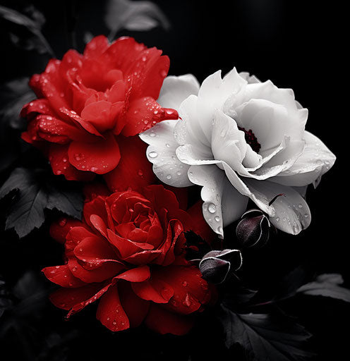Black and white photo with red and white flowers