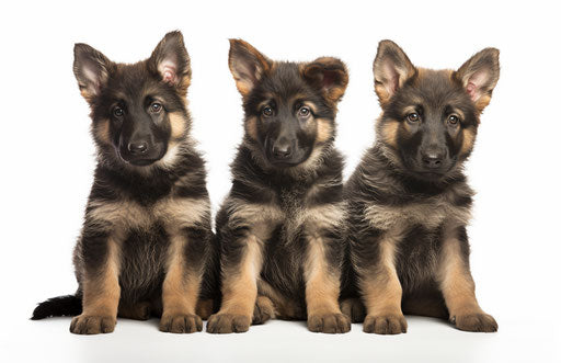 Three German Shepherd puppies sitting in front of white background, dark blue and red style