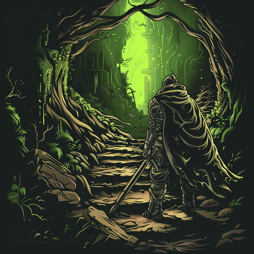 Adventurous tattoo sketch of a Dark Souls exploration scene