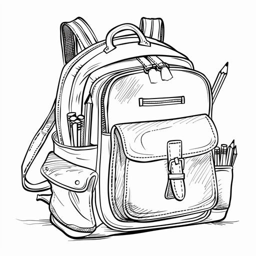 School backpack with books and pencils. Coloring book page