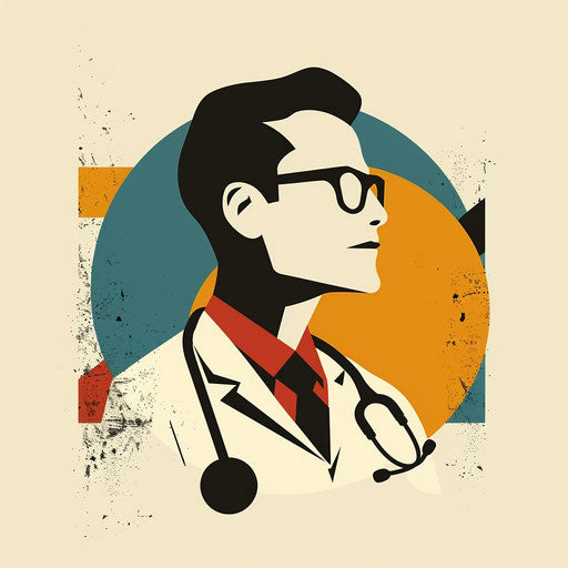 Retro doctor emblem with bold lines and vintage colors, on off-white backdrop