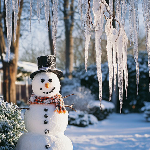 Snowman in a magical winter garden, crystal curtain icicles
