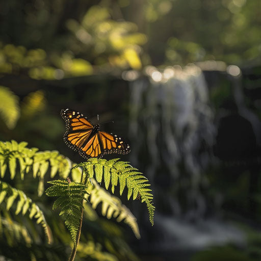 Monarch butterfly on fern near hidden waterfall