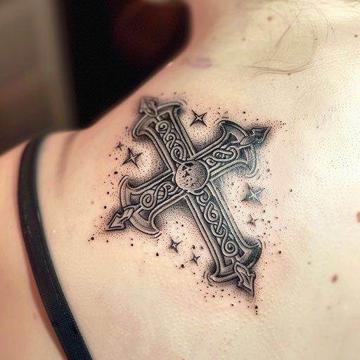 Celestial-themed Celtic cross tattoo with stars and moons