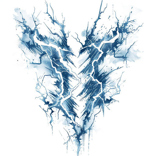 Electric cursed mark, jagged lines power danger blue white on pure white background