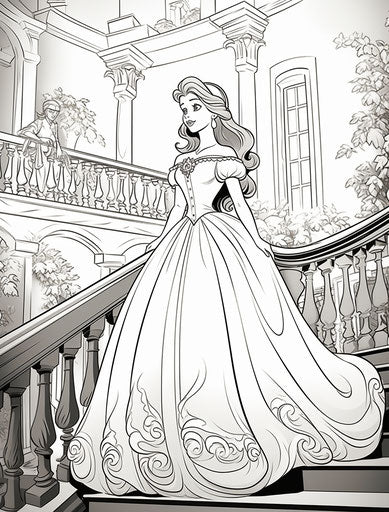 Disney princess coloring page, grandiose style, monotone trace