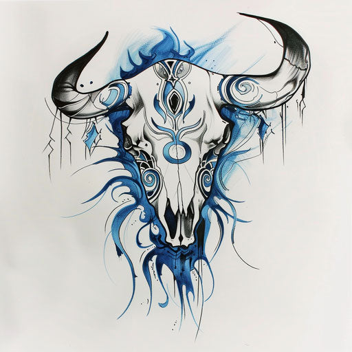 Sketch of cow skull with sharp tribal designs