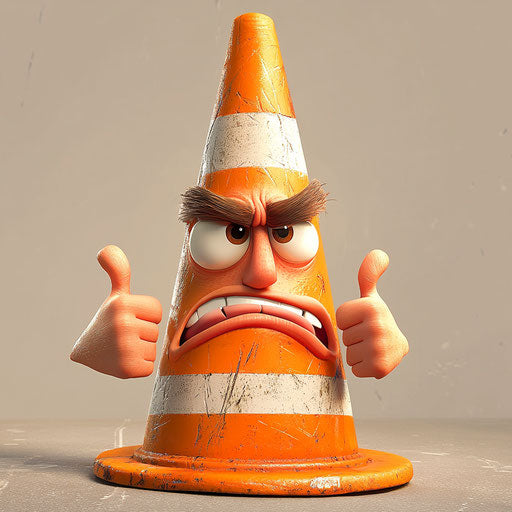 Humorous caricature of traffic cone with human characteristics