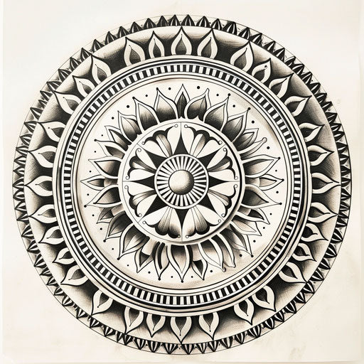 Tranquil flat tattoo sketch of a neo tribal mandala with soothing circular patterns