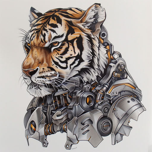 Fierce mechanical tiger tattoo design with hydraulics and armor, on white background