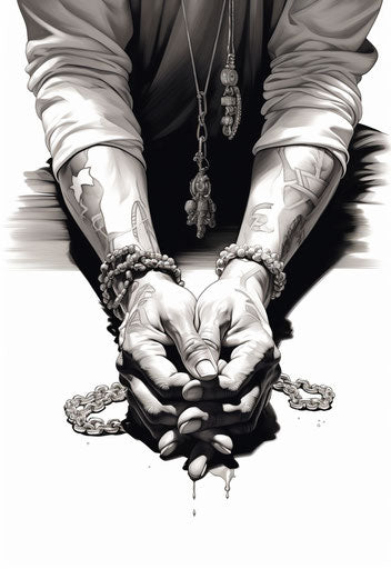 Praying hands with rosary and gold pendant, black and white