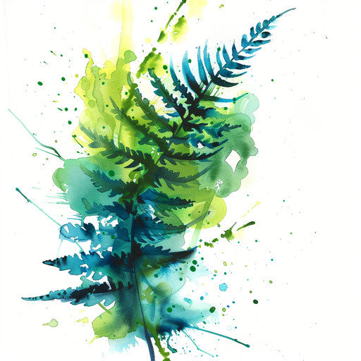Watercolor fern tattoo design, green and blue splashes