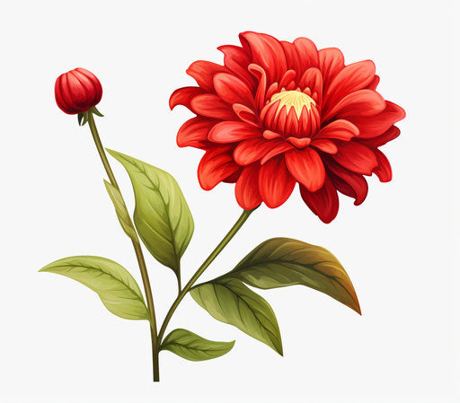 Childish drawing of red flower with green leaves
