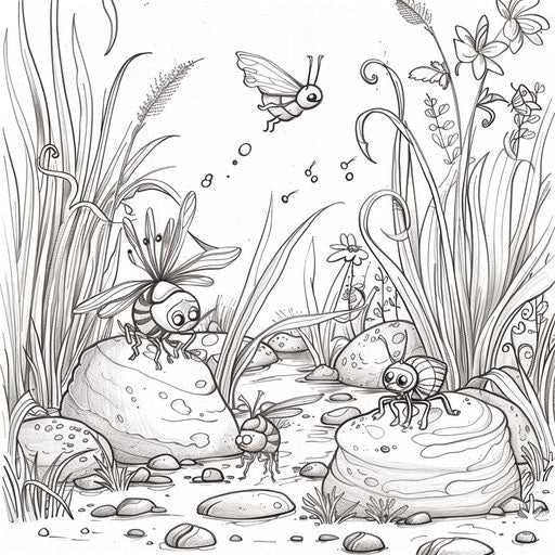Bugs playing soccer with a pebble. Coloring book page