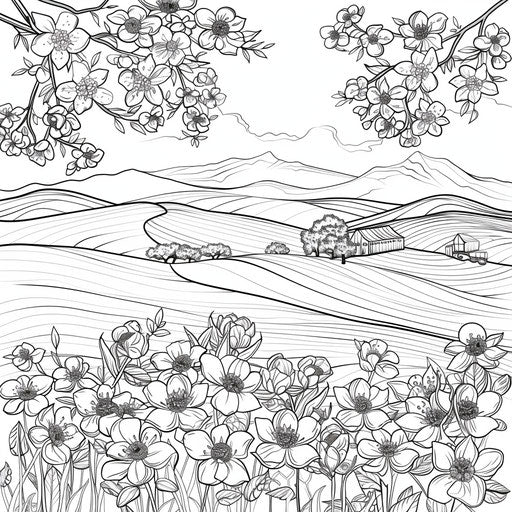 Peaceful landscape with rolling hills and blooming orchard