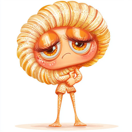 Humorous caricature of a seashell caricature clipart with human characteristics, exaggerated long eyelashes, long legs, miniature, vibrant colors, cartoon style, thumbs down, high-resolution, no background, isolated