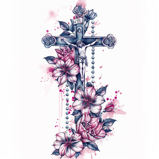 Illustration of rosary tattoo with intertwined floral motifs
