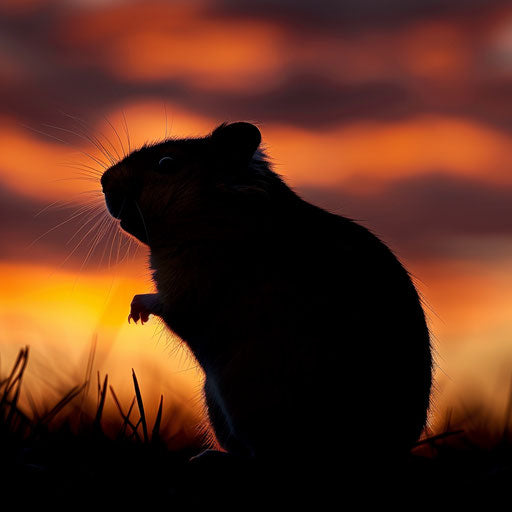 Syrian hamster silhouetted against a dramatic sunset