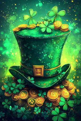 Green hat with gold coins and shamrocks on vibrant backdrop
