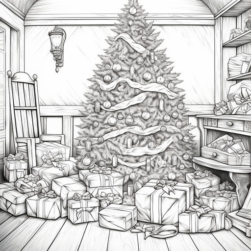 Christmas tree and presents coloring page, highly realistic style