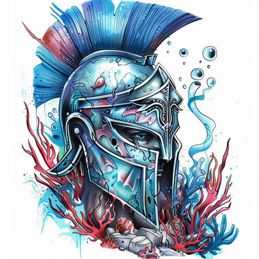Underwater-themed spartan helmet tattoo sketch with marine life and coral reefs