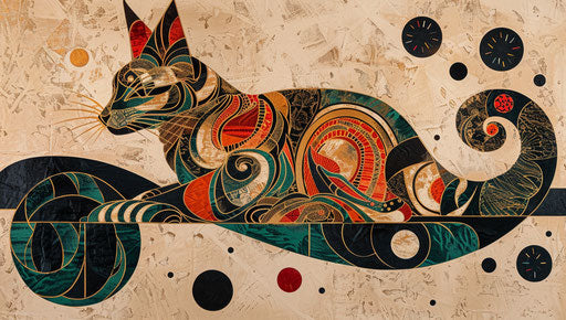 Canidae Felidae, in dark beige and gold style, bold patterns, precisionist lines, sterling silver highlights, smooth lines, Bengal School of Art, dark emerald and red 37:21