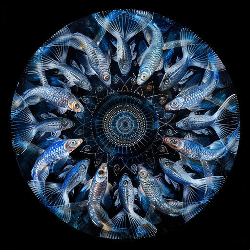 Living mandala of fish swimming in circular formation