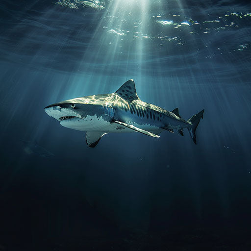 Serene passage of a tiger shark under a beam of light