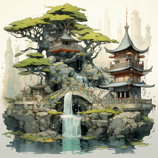 Japanese style stone fountain and tree