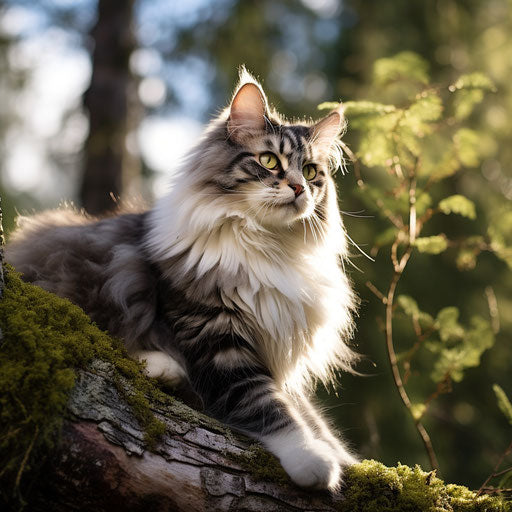 Norwegian forest cat laying on a tree branch
