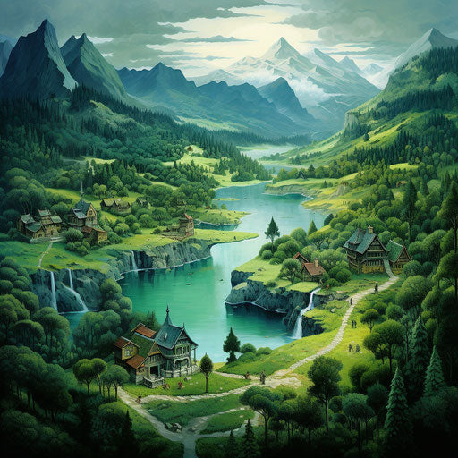 Mountainous lands with forests surrounding the lake, eco-friendly style