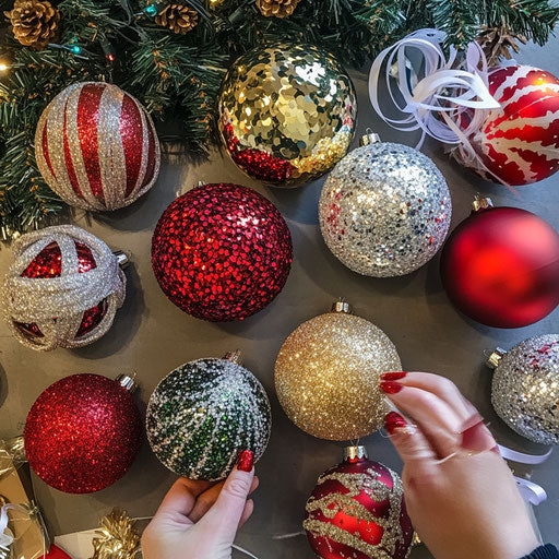 Workshop table with Christmas balls being hand-decorated