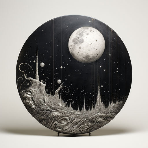 Black and white drawing of a moon with stars, detailed botanical style