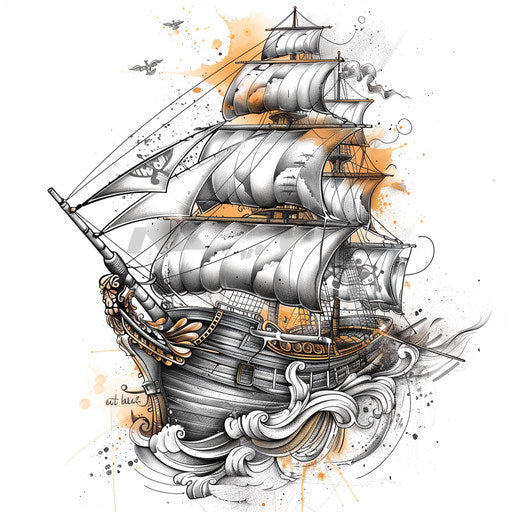 Luxurious sketch of a pirate ship with golden accents and elegant details