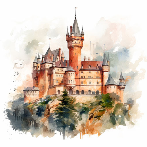 Castle Clipart in the style of Impressionistic Art, on white background