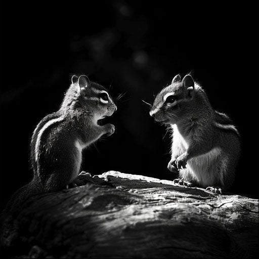 Chipmunks in black and white, intense and dramatic, in the style of Laurent Baheux