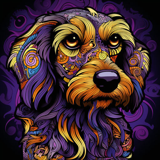 Stylized dog with purple and gold patterns