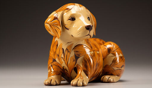 Retriever puppy sitting in grass with fall leaves