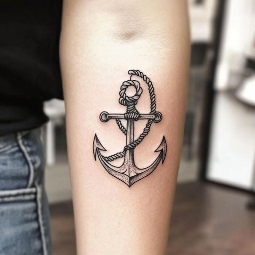 Detailed anchor and rope tattoo on inner elbow