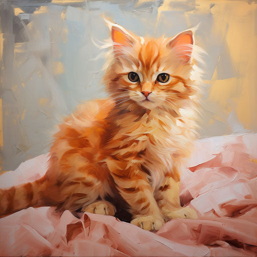 Small orange kitten standing in bed, light maroon and light gold style