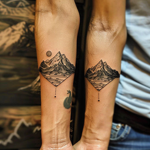 Matching sister tattoos of minimalist mountains