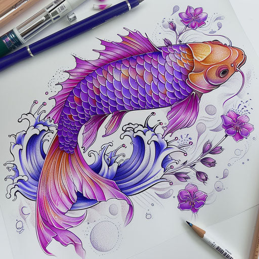 Sketch of violet Japanese koi fish tattoo, with waves and flowers