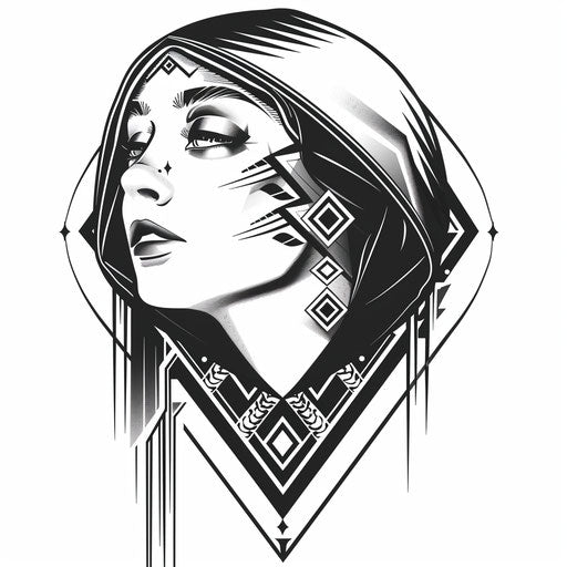 Flat retro clipart style tattoo sketch of a 1920s flapper hood with geometric art deco designs