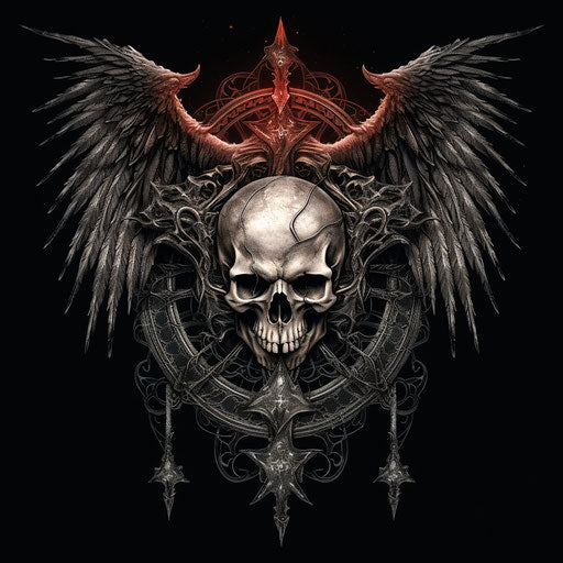 Skull in the form of a pentagram with wings, cobra style, layered composition