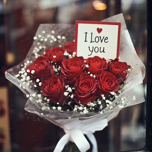 Bouquet of red roses with baby's breath, 'I love you' card