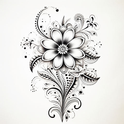 Henna flower and leaf drawings, pointillist florals style, kinetic lines and curves, pretty